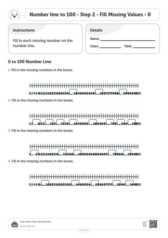 Number line to 100 - Step 2 - Fill Missing Values - 0 page 1