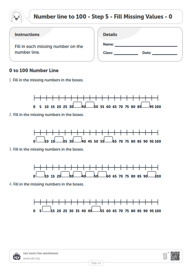 Number line to 100 - Step 5 - Fill Missing Values - 0 page 1