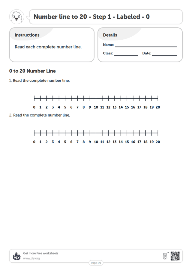 Number line to 20 - Step 1 - Labeled - 0 page 1