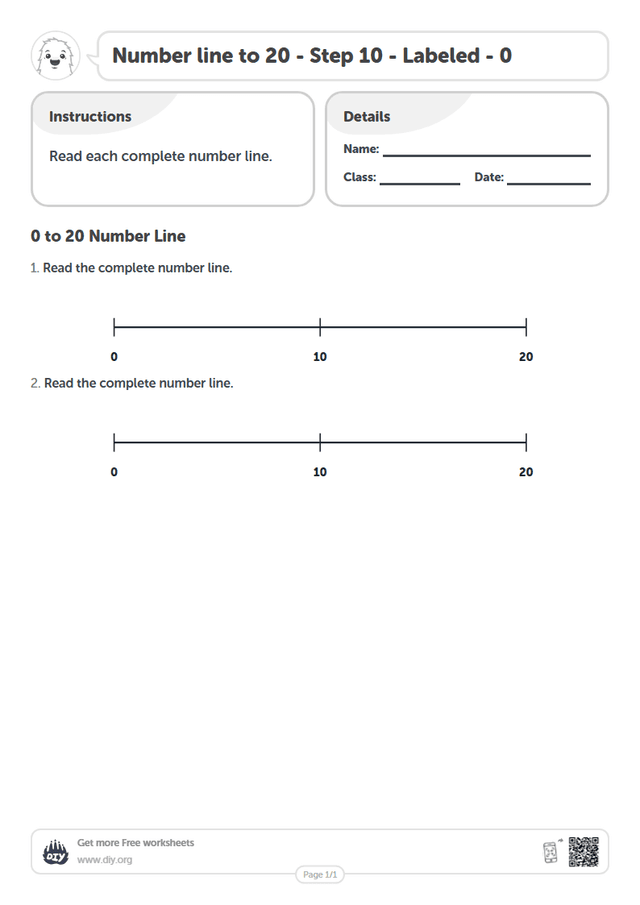 Free Number line to 20 - Step 10 - Labeled - 0 Worksheets