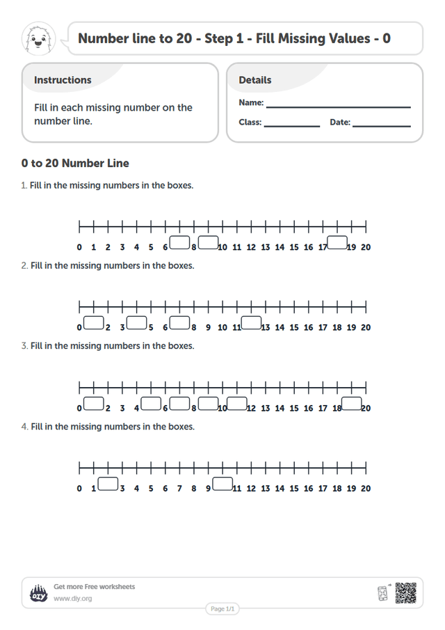 Number line to 20 - Step 1 - Fill Missing Values - 0 page 1