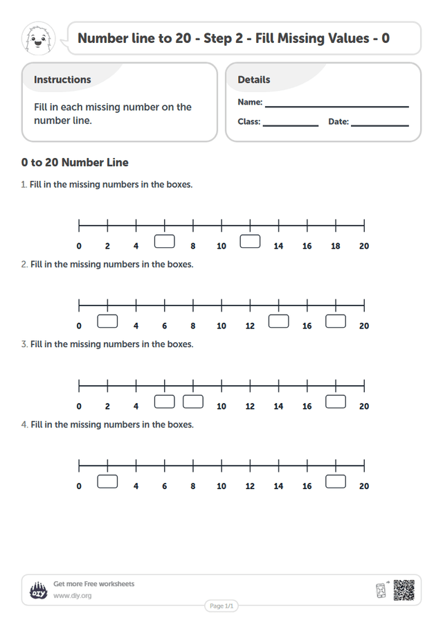 Number line to 20 - Step 2 - Fill Missing Values - 0 page 1