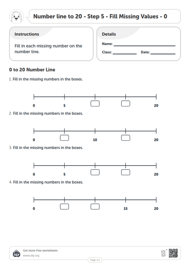 Number line to 20 - Step 5 - Fill Missing Values - 0 page 1