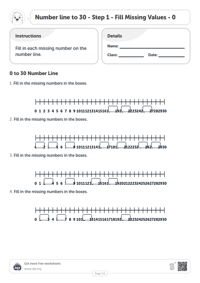 Number line to 30 - Step 1 - Fill Missing Values - 0 page 1