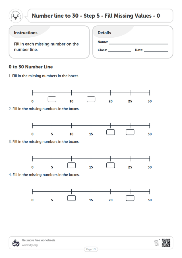 Number line to 30 - Step 5 - Fill Missing Values - 0 page 1