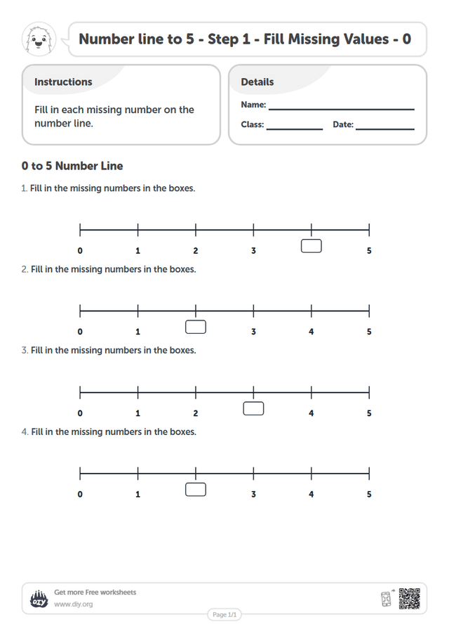 Number line to 5 - Step 1 - Fill Missing Values - 0 page 1