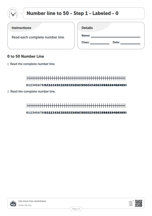 Number line to 50 - Step 1 - Labeled - 0 page 1