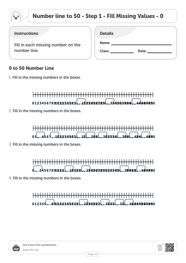 Number line to 50 - Step 1 - Fill Missing Values - 0 page 1
