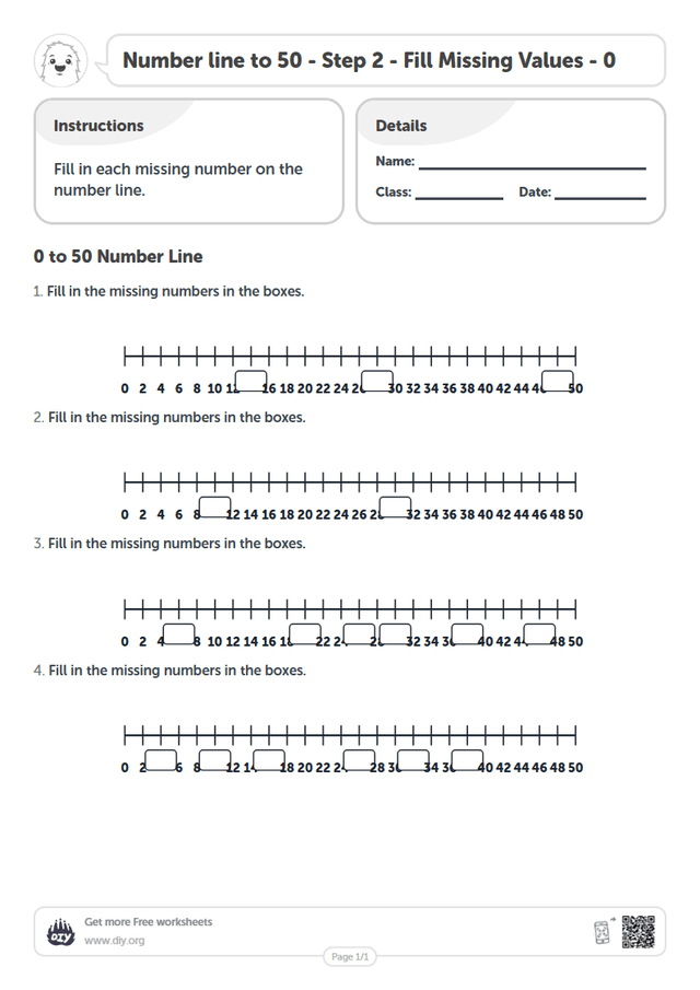 Number line to 50 - Step 2 - Fill Missing Values - 0 page 1