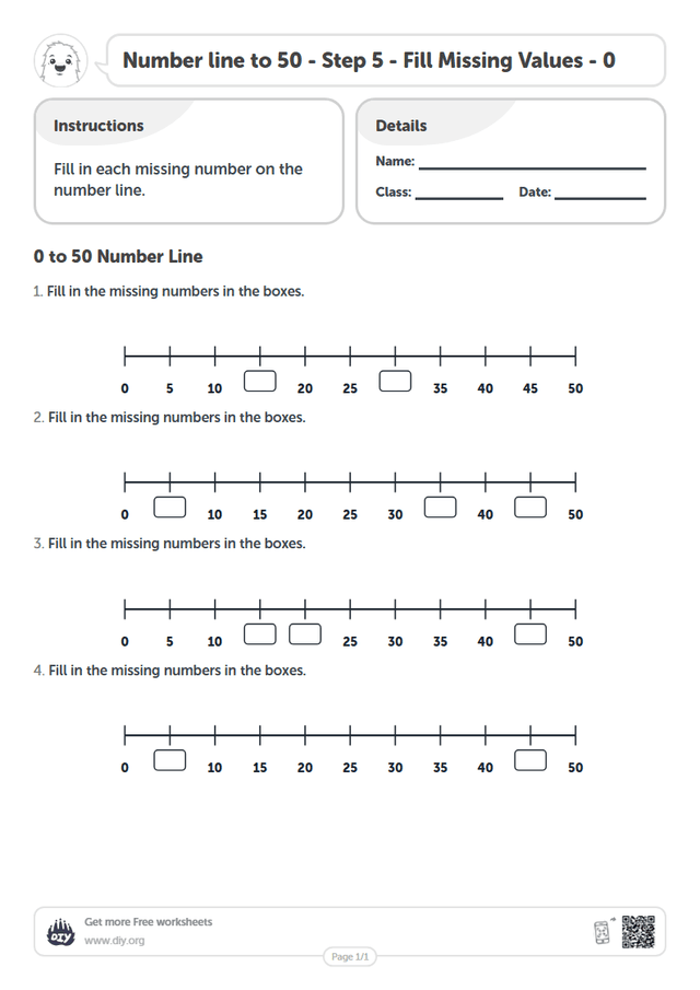 Number line to 50 - Step 5 - Fill Missing Values - 0 page 1