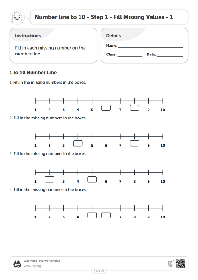 Number line to 10 - Step 1 - Fill Missing Values - 1 page 1