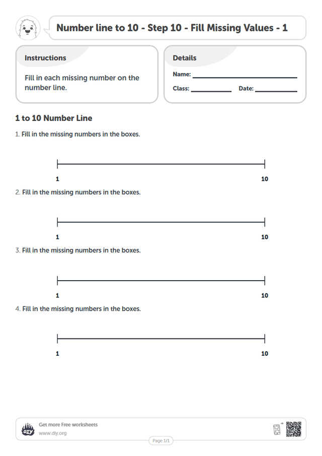 Number line to 10 - Step 10 - Fill Missing Values - 1 page 1