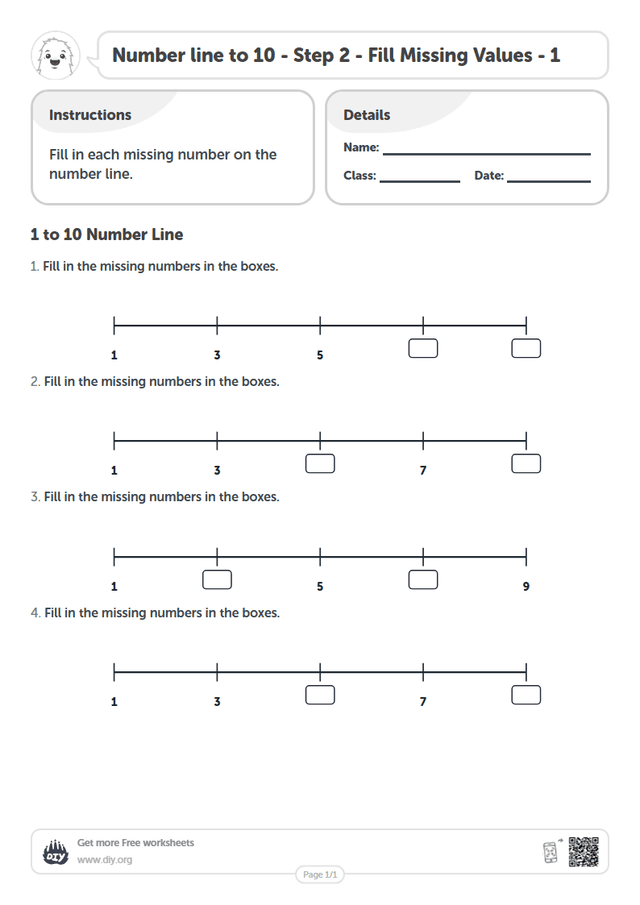 Number line to 10 - Step 2 - Fill Missing Values - 1 page 1
