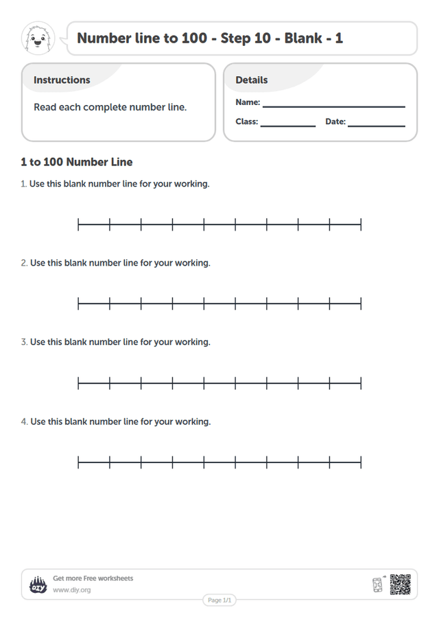 Number line to 100 - Step 10 - Blank - 1 page 1