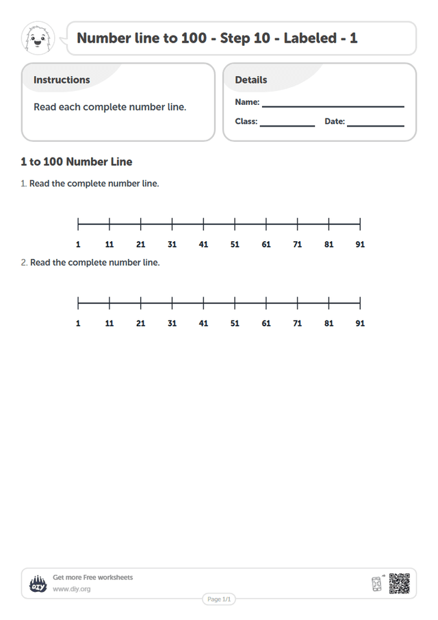 Number line to 100 - Step 10 - Labeled - 1 page 1