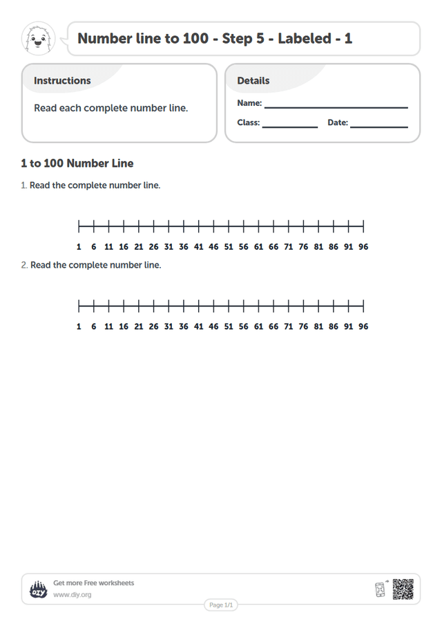 Number line to 100 - Step 5 - Labeled - 1 page 1