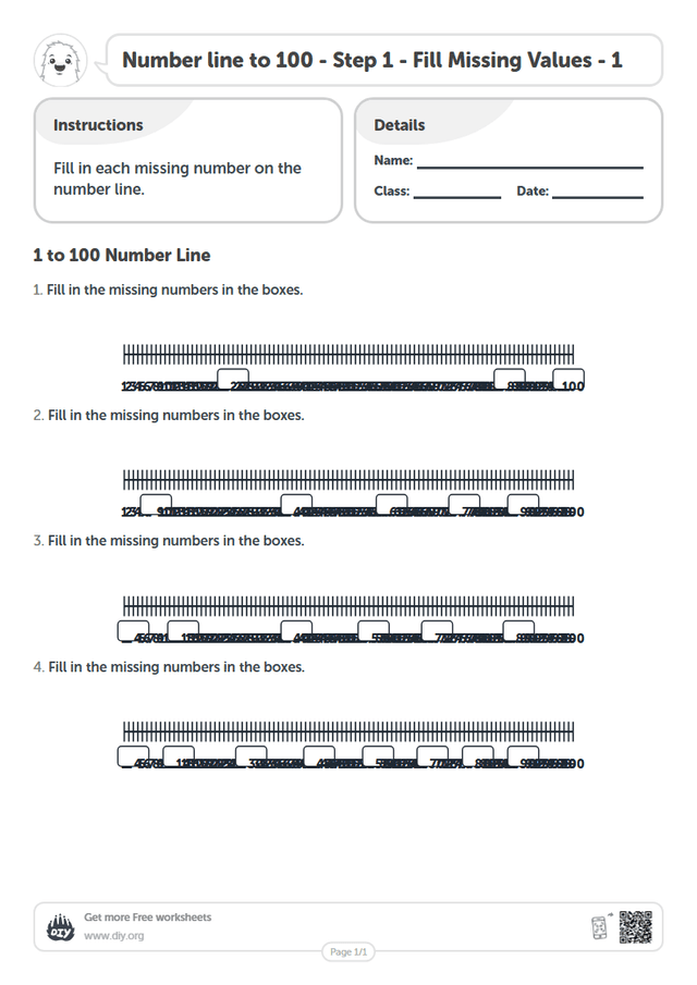 Number line to 100 - Step 1 - Fill Missing Values - 1 page 1