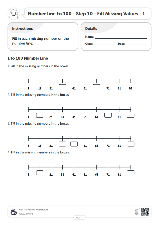 Number line to 100 - Step 10 - Fill Missing Values - 1 page 1