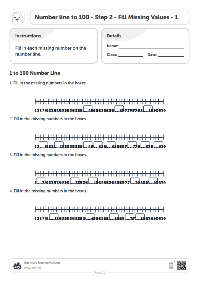 Number line to 100 - Step 2 - Fill Missing Values - 1 page 1