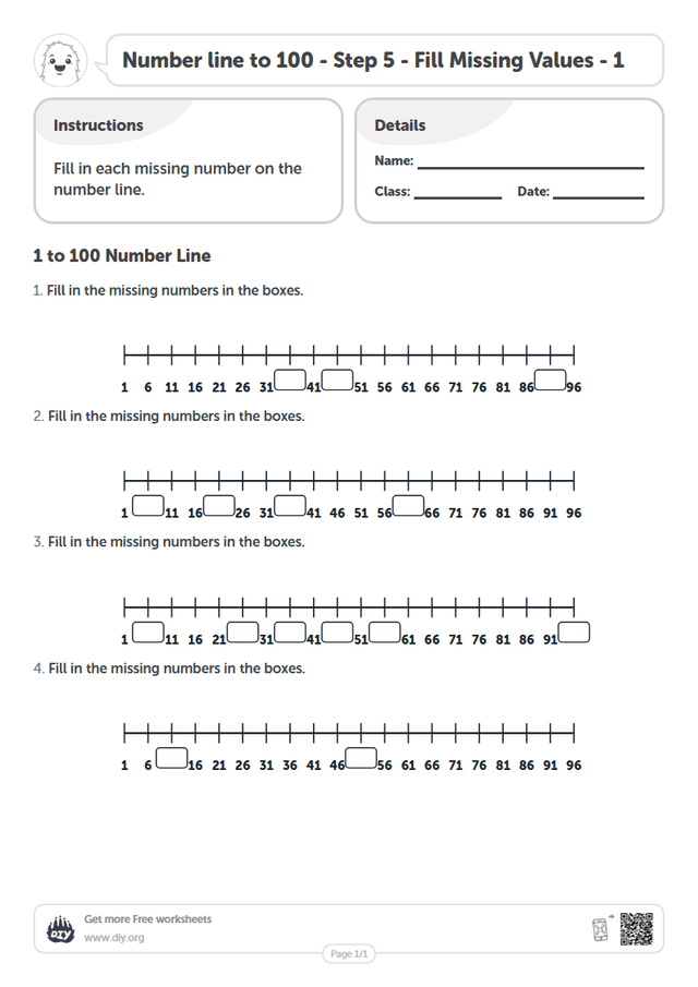 Number line to 100 - Step 5 - Fill Missing Values - 1 page 1