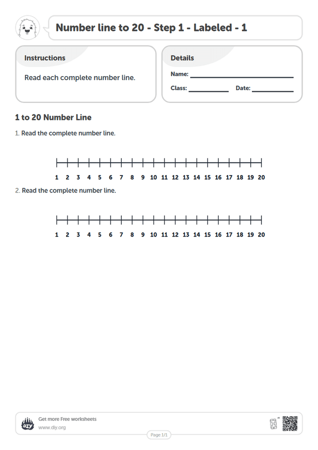Number line to 20 - Step 1 - Labeled - 1 page 1