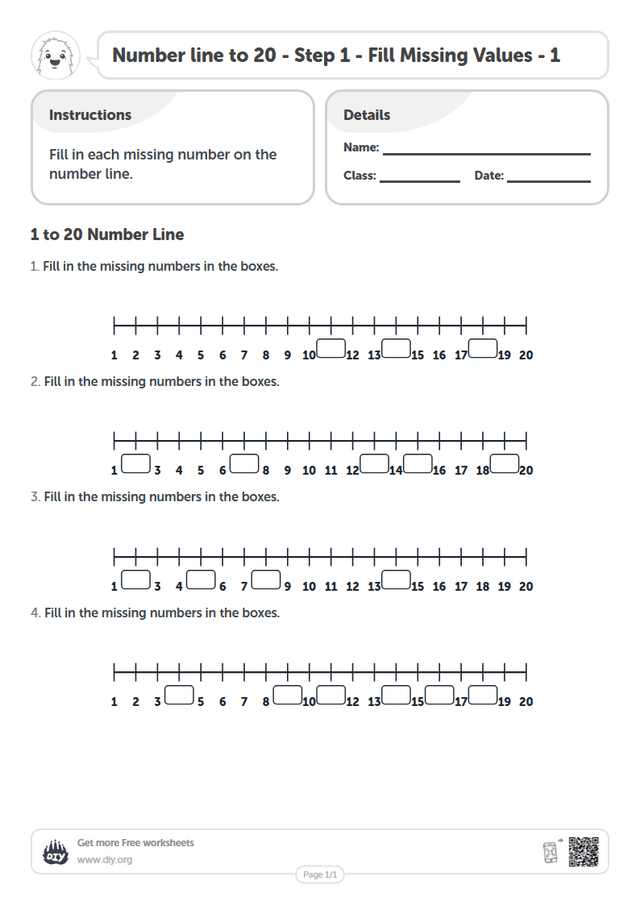 Number line to 20 - Step 1 - Fill Missing Values - 1 page 1