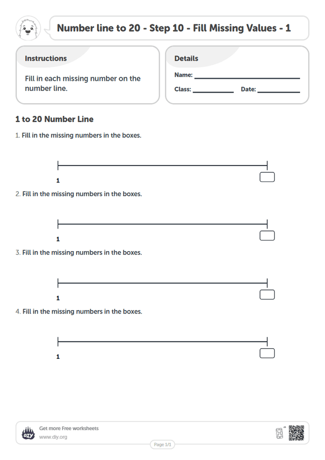 Number line to 20 - Step 10 - Fill Missing Values - 1 page 1