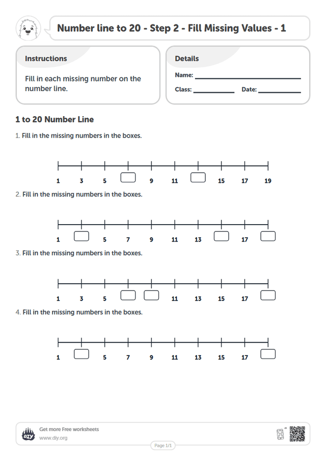 Number line to 20 - Step 2 - Fill Missing Values - 1 page 1