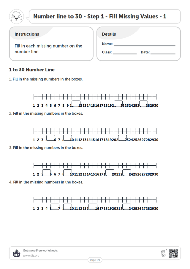 Number line to 30 - Step 1 - Fill Missing Values - 1 page 1