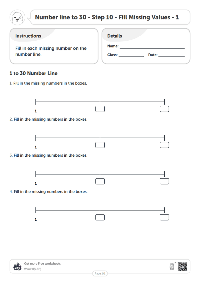 Number line to 30 - Step 10 - Fill Missing Values - 1 page 1
