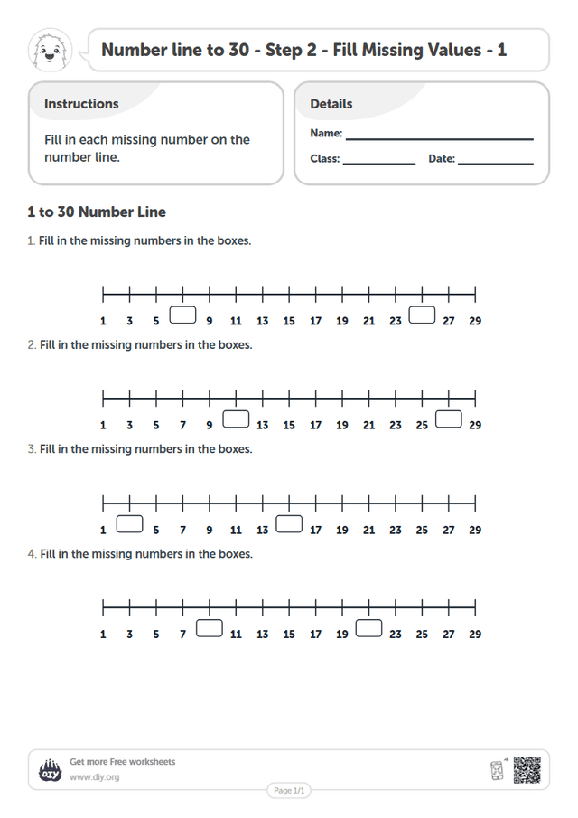 Number line to 30 - Step 2 - Fill Missing Values - 1 page 1