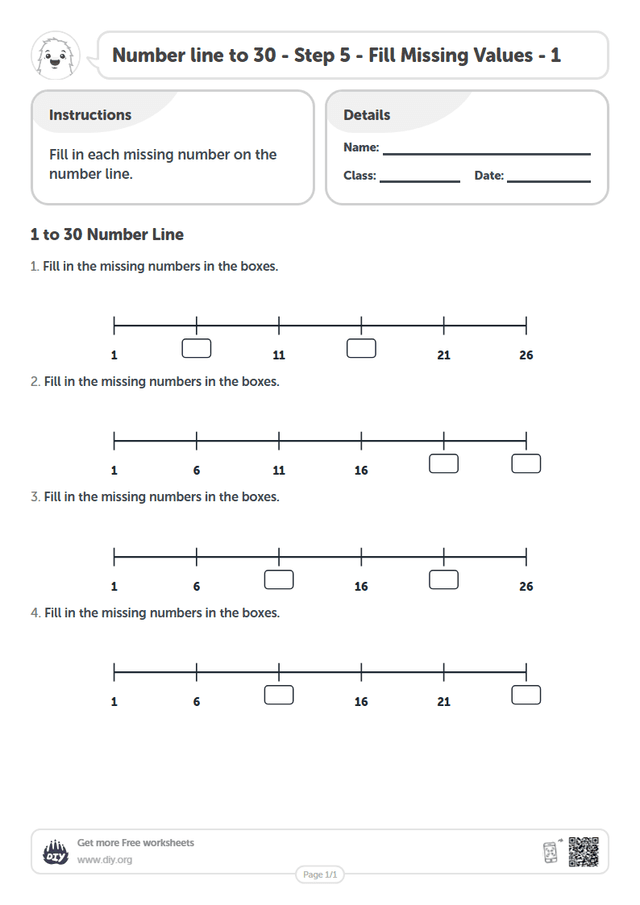 Number line to 30 - Step 5 - Fill Missing Values - 1 page 1