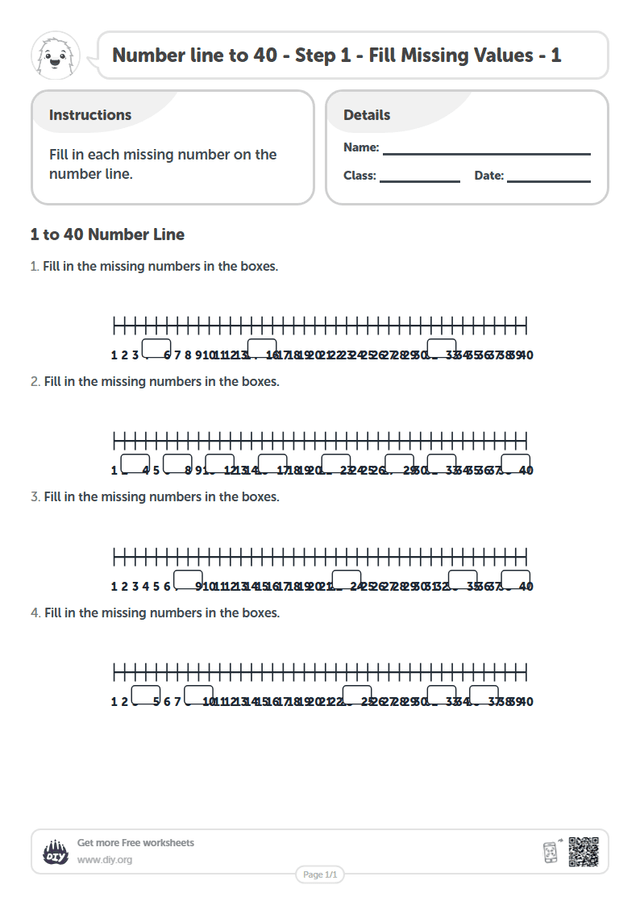 Number line to 40 - Step 1 - Fill Missing Values - 1 page 1