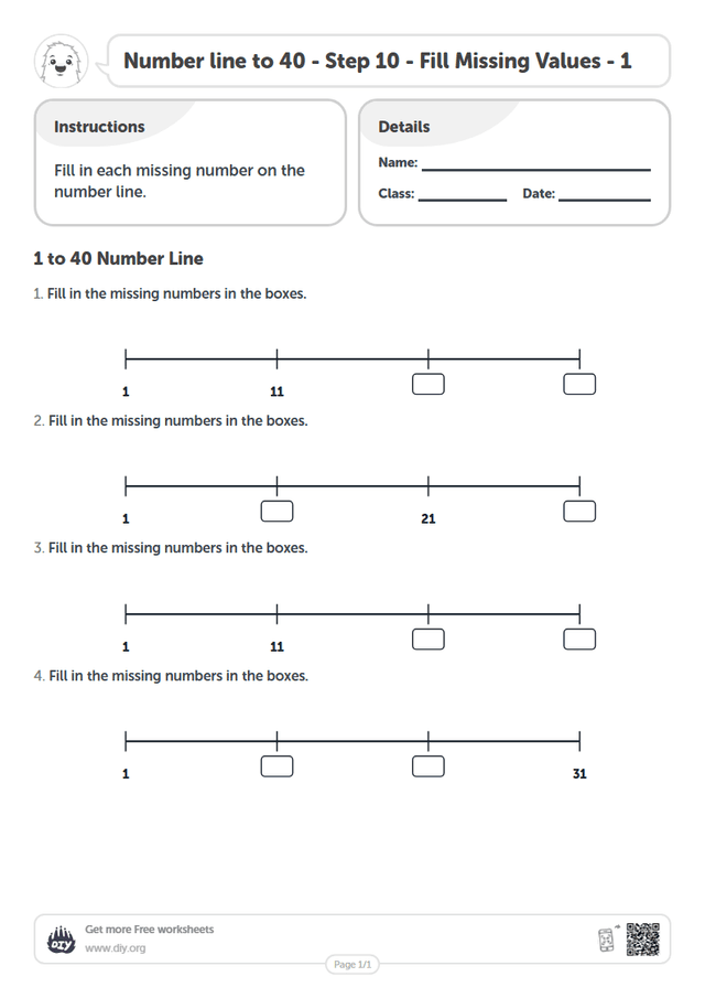 Number line to 40 - Step 10 - Fill Missing Values - 1 page 1