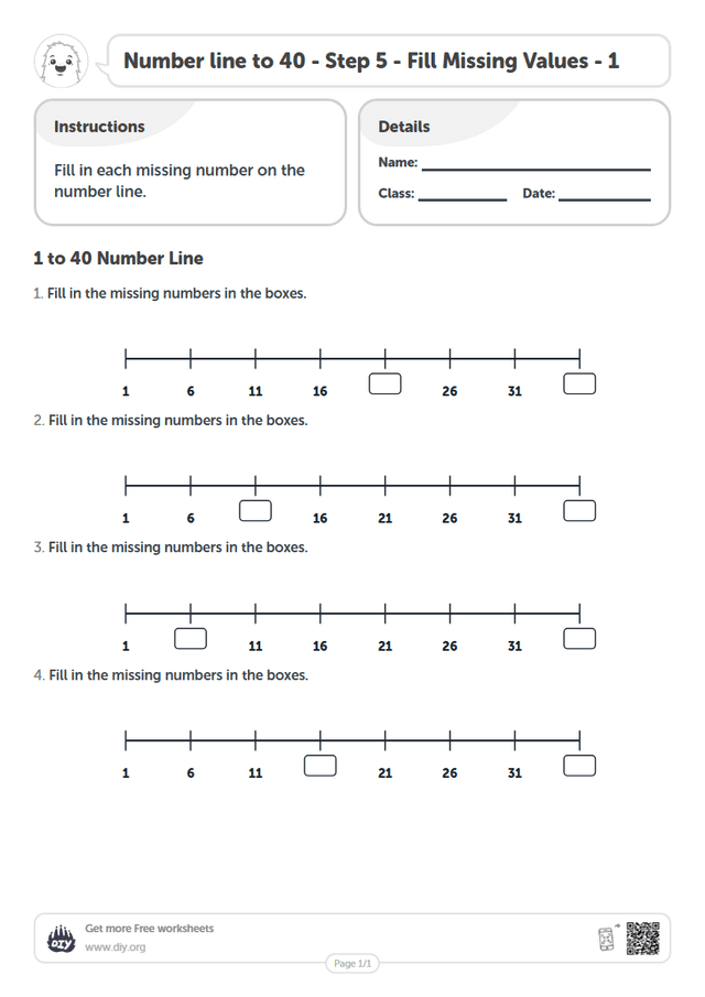 Number line to 40 - Step 5 - Fill Missing Values - 1 page 1