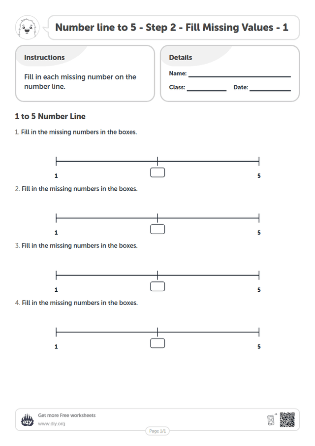 Number line to 5 - Step 2 - Fill Missing Values - 1 page 1