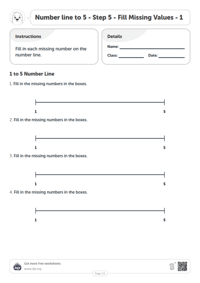 Number line to 5 - Step 5 - Fill Missing Values - 1 page 1