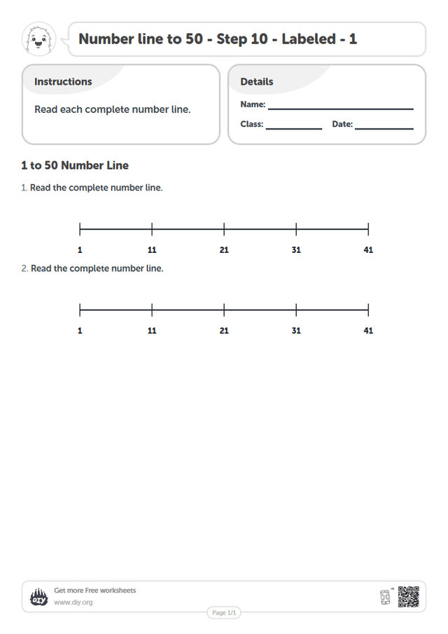 Number line to 50 - Step 10 - Labeled - 1 page 1