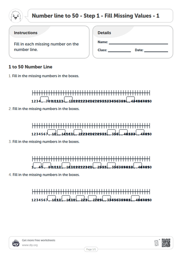 Number line to 50 - Step 1 - Fill Missing Values - 1 page 1