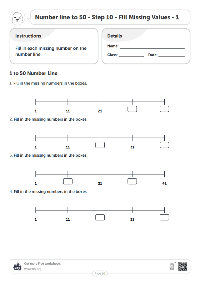 Number line to 50 - Step 10 - Fill Missing Values - 1 page 1