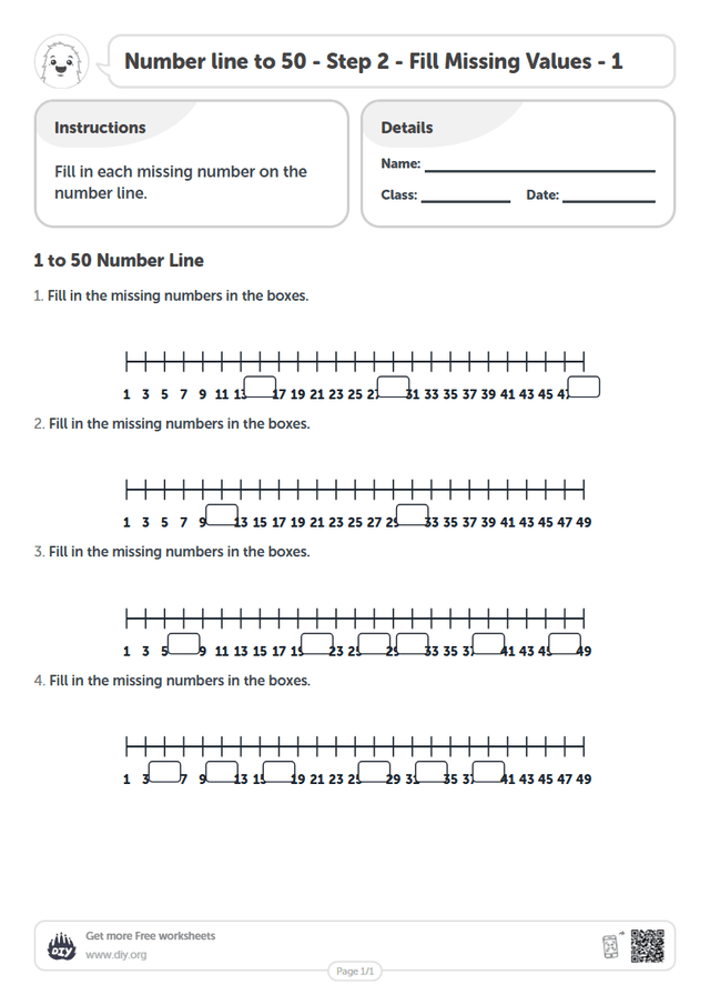 Number line to 50 - Step 2 - Fill Missing Values - 1 page 1