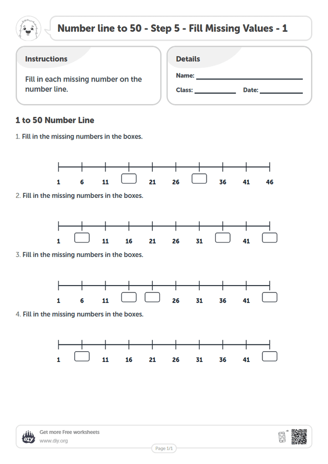 Number line to 50 - Step 5 - Fill Missing Values - 1 page 1