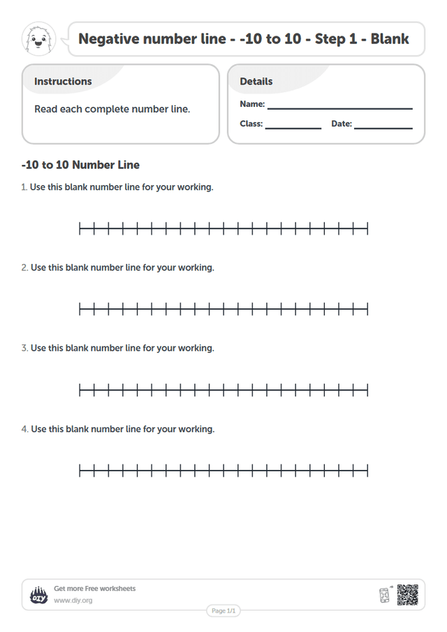 Negative number line - -10 to 10 - Step 1 - Blank page 1