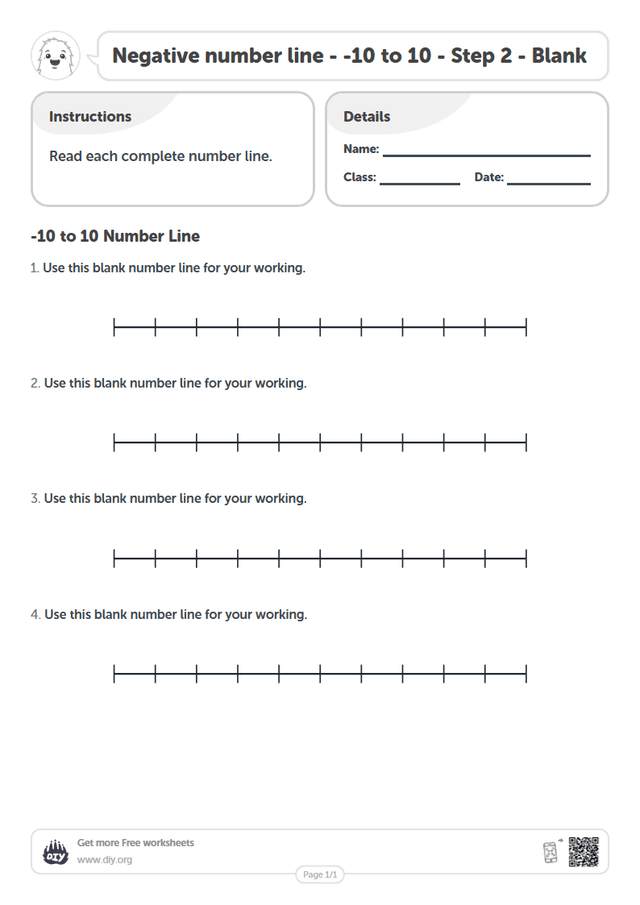 Negative number line - -10 to 10 - Step 2 - Blank page 1