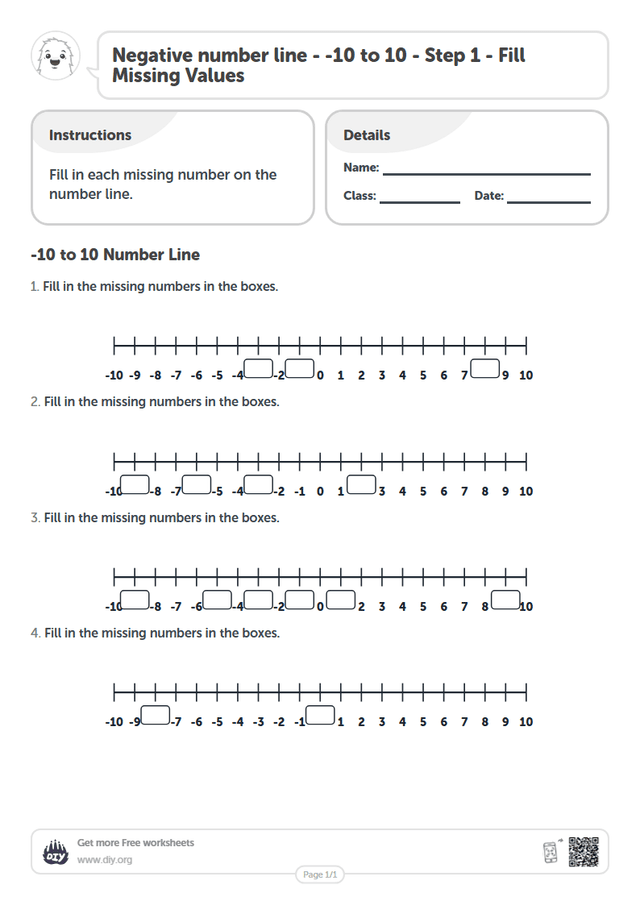 Negative number line - -10 to 10 - Step 1 - Fill Missing Values page 1