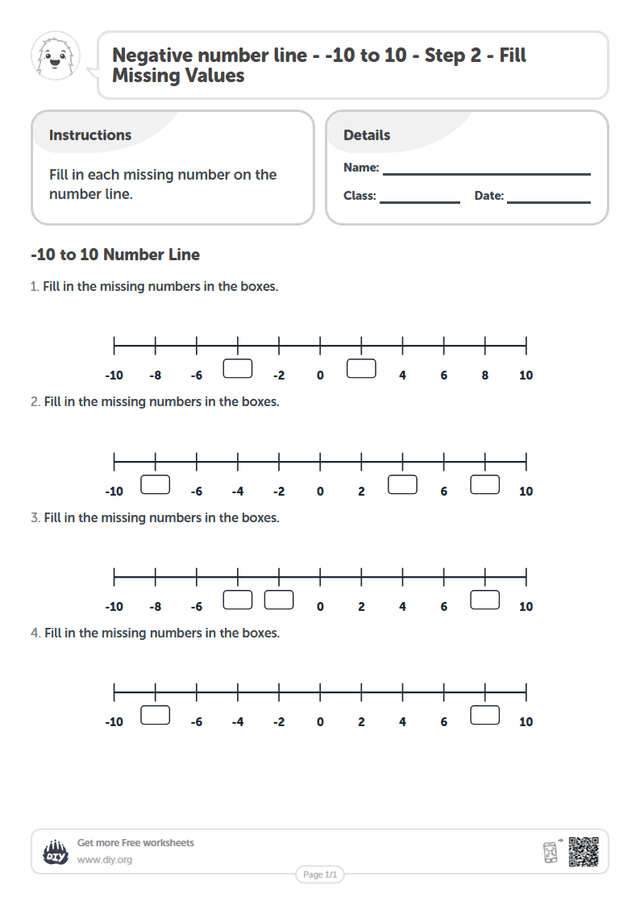 Negative number line - -10 to 10 - Step 2 - Fill Missing Values page 1