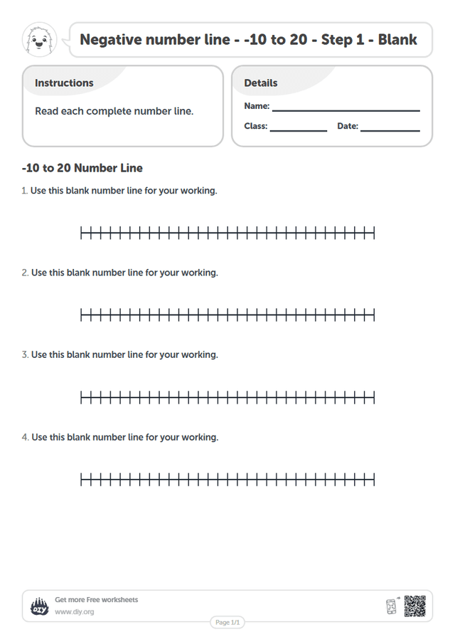 Negative number line - -10 to 20 - Step 1 - Blank page 1