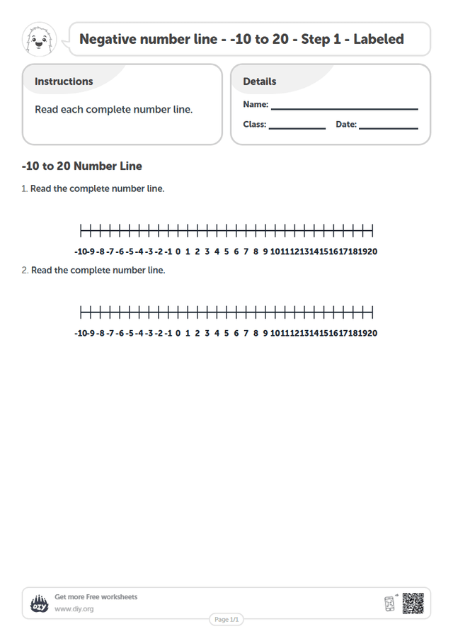 Negative number line - -10 to 20 - Step 1 - Labeled page 1