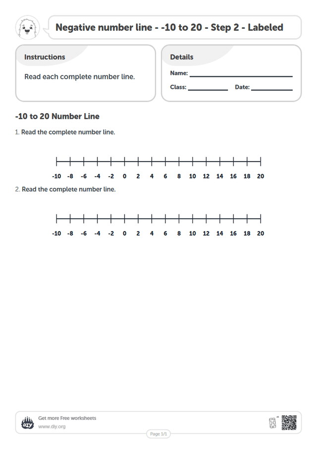 Negative number line - -10 to 20 - Step 2 - Labeled page 1