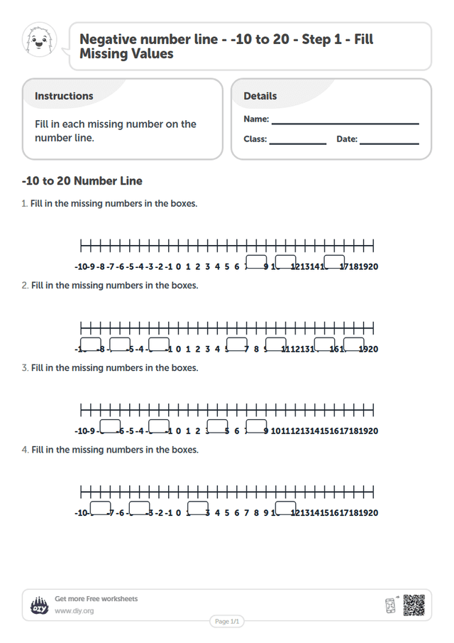 Negative number line - -10 to 20 - Step 1 - Fill Missing Values page 1